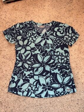 Grey's Anatomy Teal and Navy Floral V-Neck Scrub Top